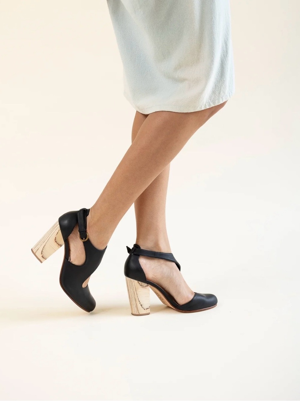 FORTRESS OF INCA Black Ankle-Strap Block Heel Pumps with Light Wood Heel